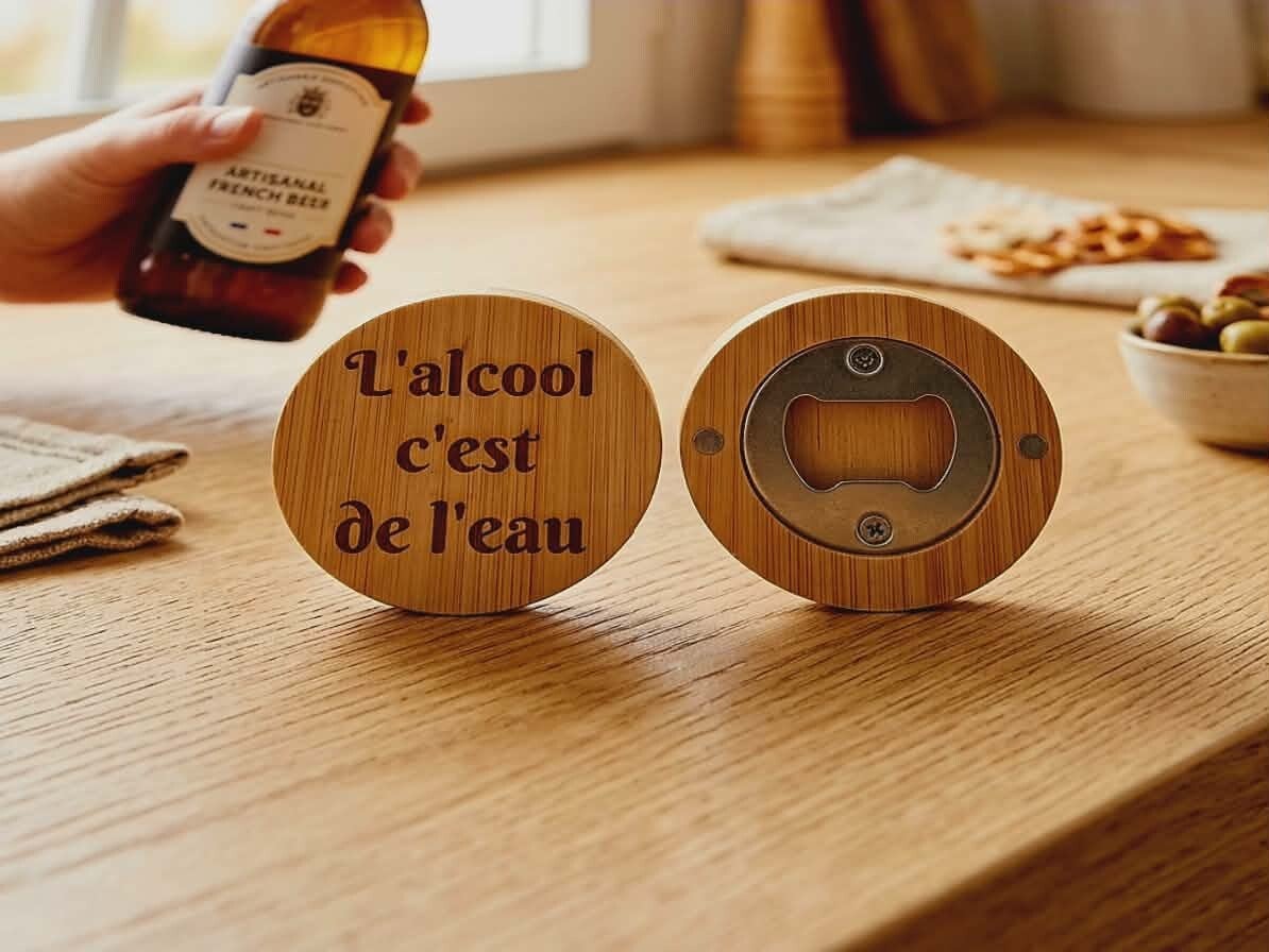 Décapsuleur Magnétique en Bambou Gravé – « L'alcool c'est de l'eau »