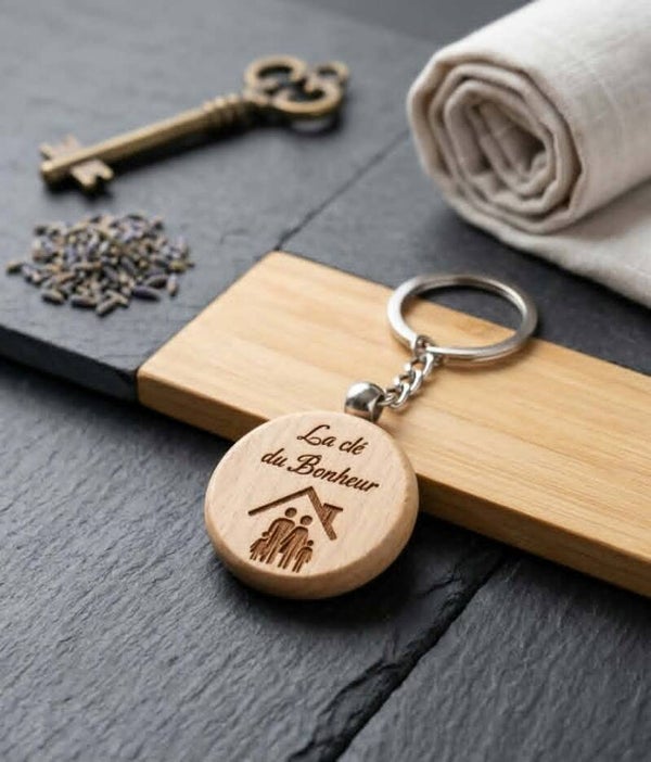 Porte-clés en Bambou Gravé — « La clé du Bonheur »