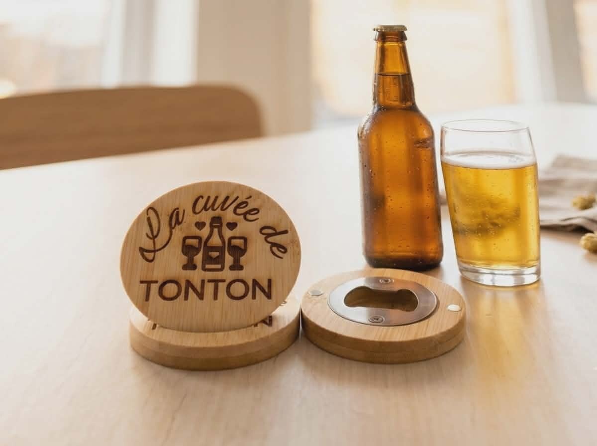 Décapsuleur Magnétique en Bambou Gravé – « La Cuvée de Tonton »