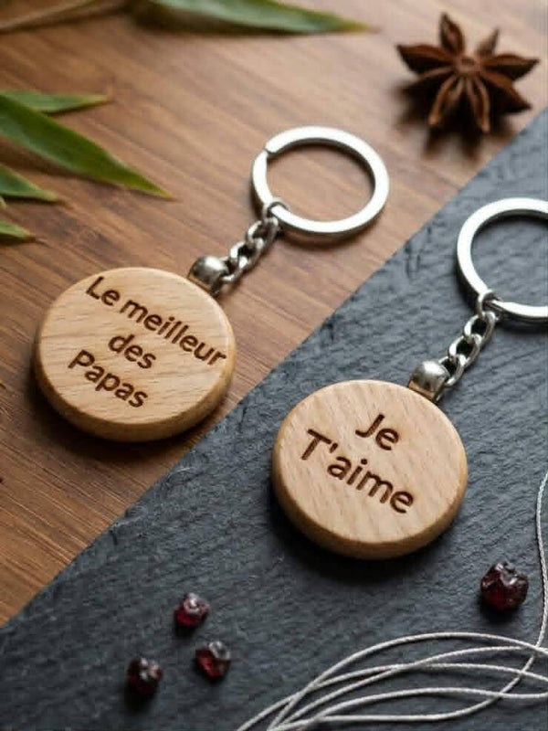 Porte-clés en Bambou Gravé Recto/Verso — « Le meilleur des Papas » / « Je T'aime »