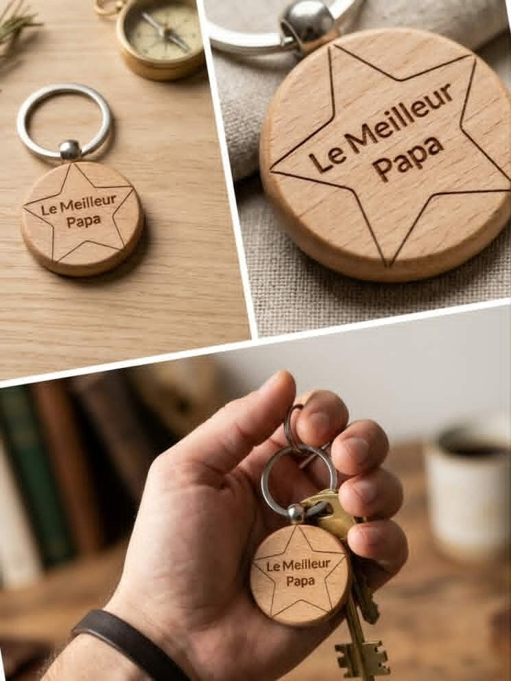 Porte-clés en Bambou Gravé — « Le Meilleur Papa » (Étoile)