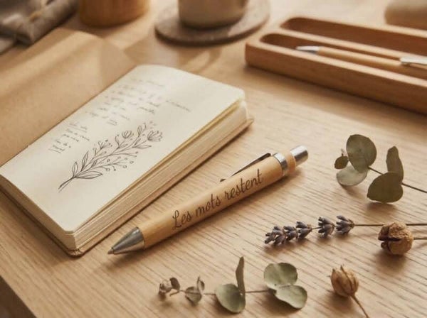 Stylo en bambou gravé — « Les mots restent »