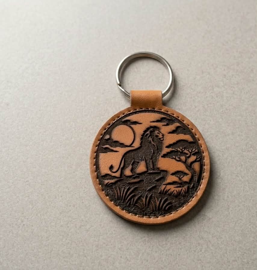 Porte-clés Rond en Simili Cuir Gravé – Motif Lion & Savane