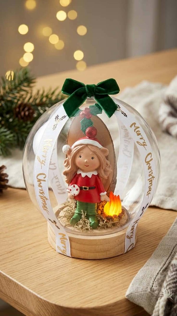 Boule de Noël Transparente Féerique – Lutine au Coin du Feu sur Socle en Bois