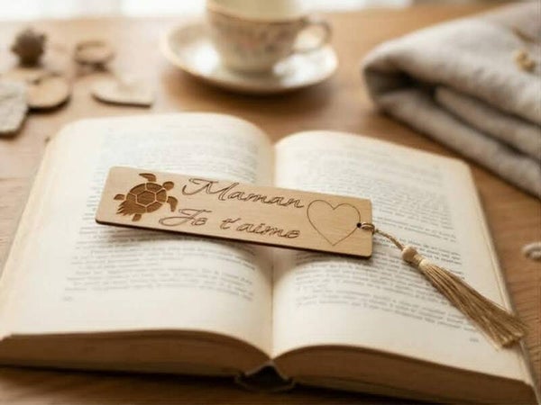 Marque-page en Bois "Maman Je t'aime" – Gravure Tortue & Pompon Doré