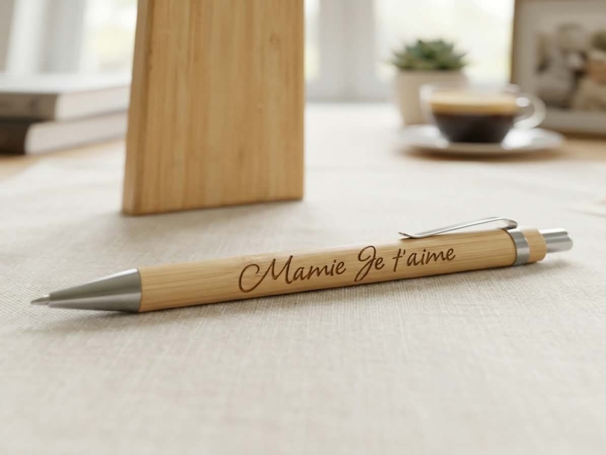 Stylo en bambou naturel gravé "Mamie Je t'aime"