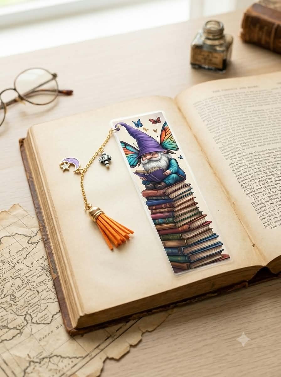Marque-page Féérique – Gnome Liseur, Papillons et Chaînette Dorée – Recto Verso