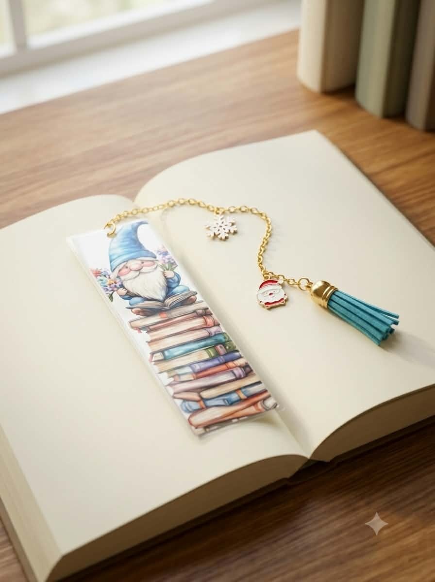 Marque-page Plastifié Recto Verso – Gnome au Bonnet Bleu & Pile de Livres