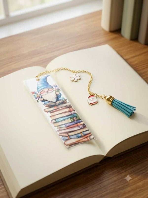 Marque-page Plastifié Recto Verso – Gnome au Bonnet Bleu & Pile de Livres