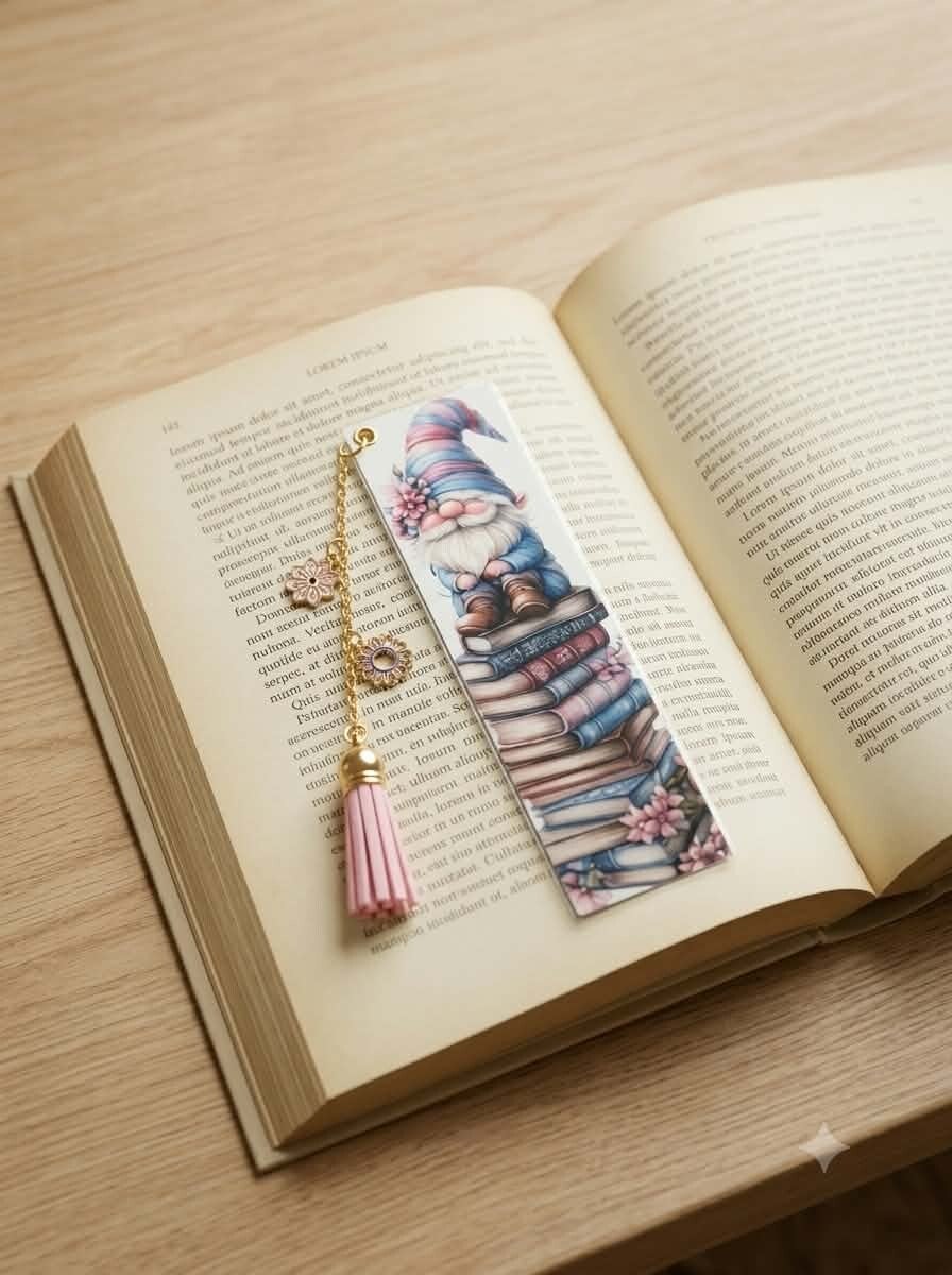 Marque-page Plastifié Recto Verso – Gnome Bonnet Pastel & Pompon Rose