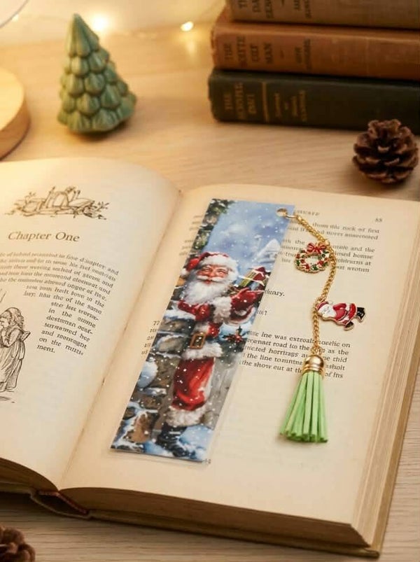 Marque-page Plastifié Recto Verso – Père Noël Traditionnel & Pompon Vert