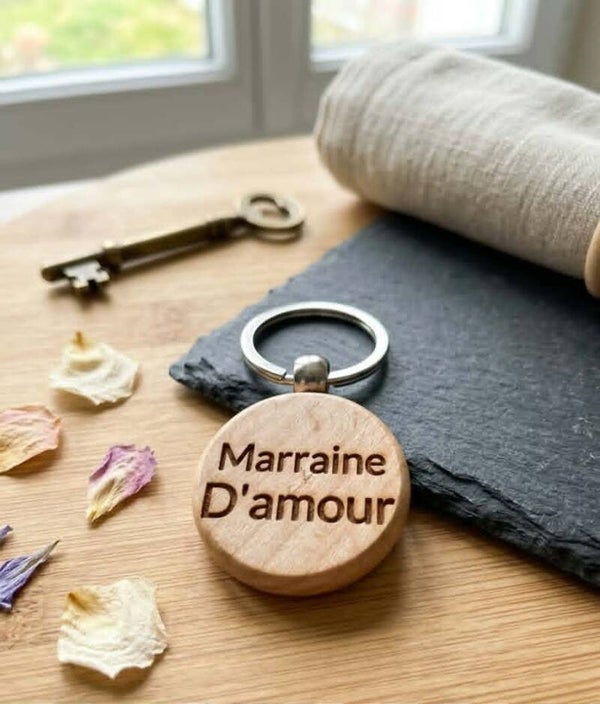 Porte-clés en Bambou Gravé — « Marraine D'amour »