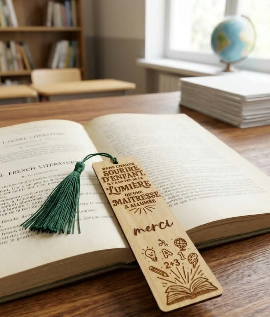 Marque-page en Bois "Merci Maîtresse" – Citation Gravée & Pompon Vert