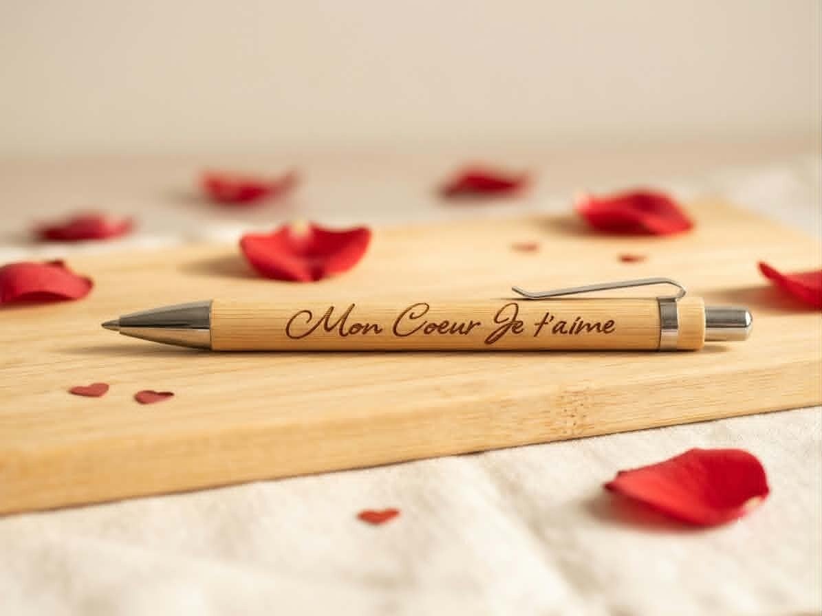 Stylo en bambou gravé – "Mon Cœur Je t'aime"