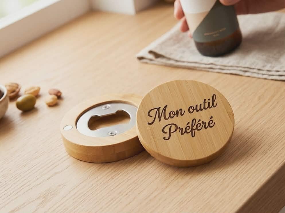 Décapsuleur Magnétique en Bambou Gravé – « Mon outil Préféré »