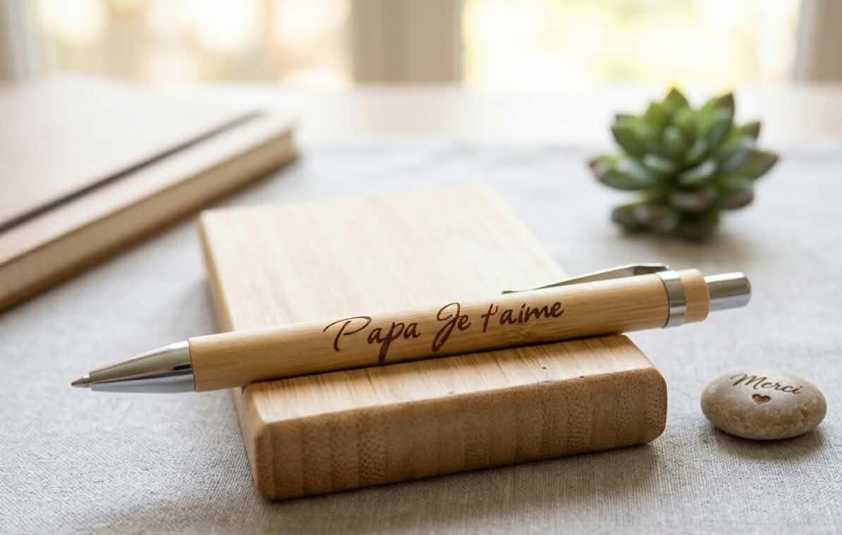 Stylo en bambou naturel gravé "Papa Je t'aime"