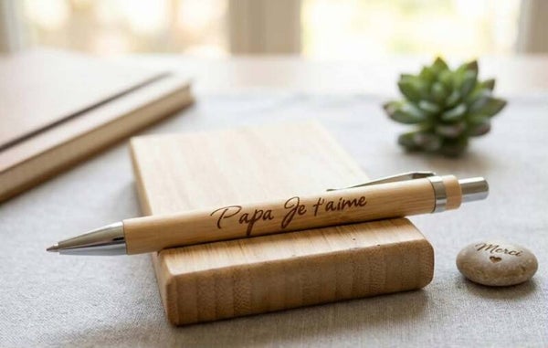 Stylo en bambou naturel gravé "Papa Je t'aime"