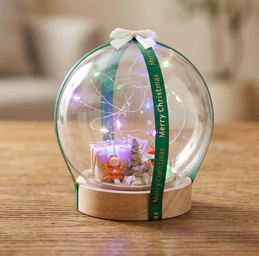 Cloche de Noël Lumineuse "Petit Ange" – Ruban Merry Christmas sur Socle Bois