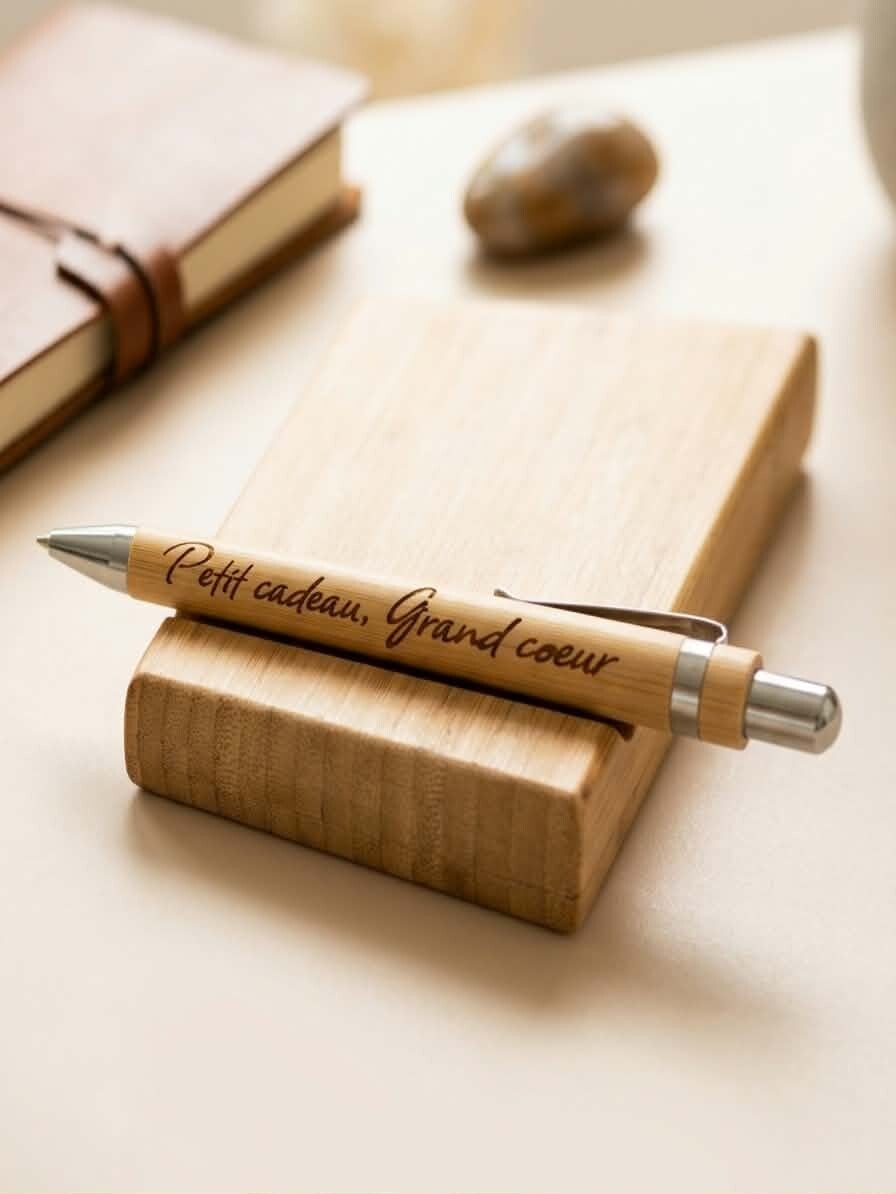Stylo en bambou naturel gravé "Petit cadeau, Grand cœur"