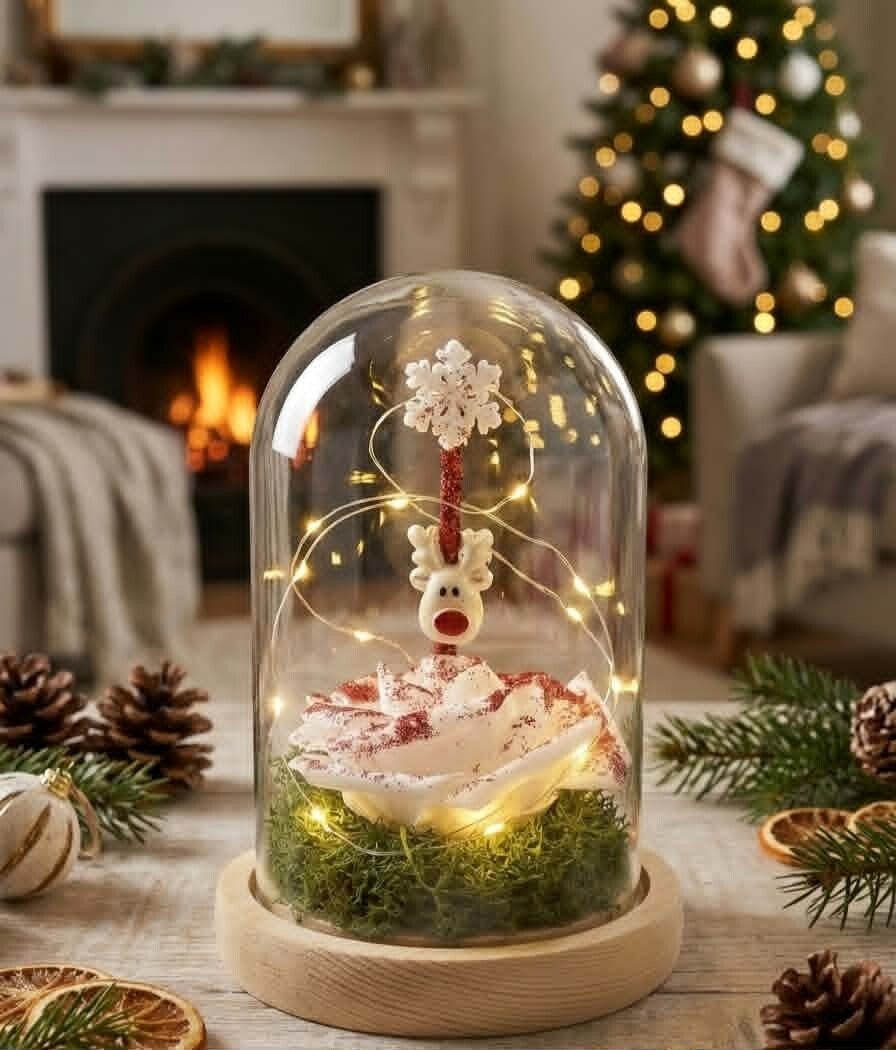 ​Cloche Féerique de Noël "Renne & Rose Lumineuse" – Support en Bois