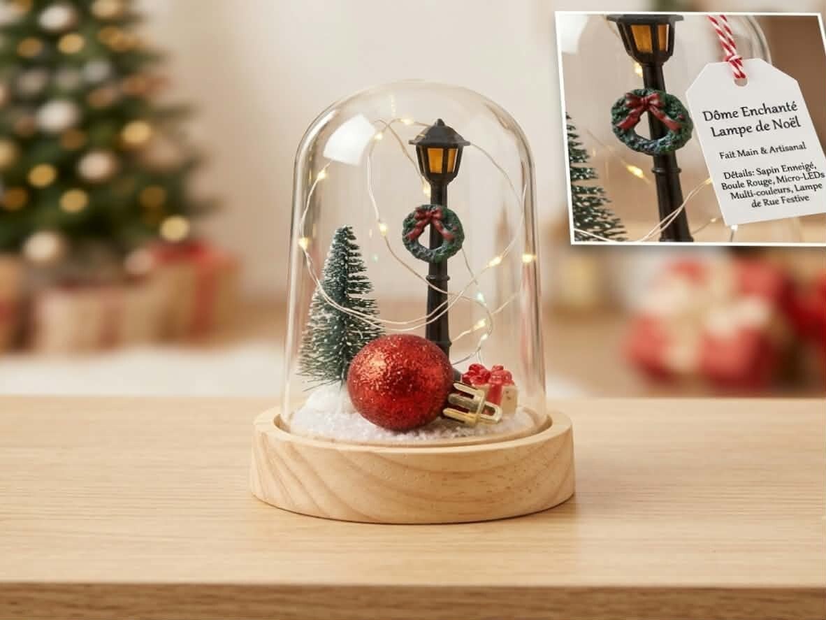 Globe Lumineux Noël Vintage – Réverbère Festif, Sapin & Boule Pailletée