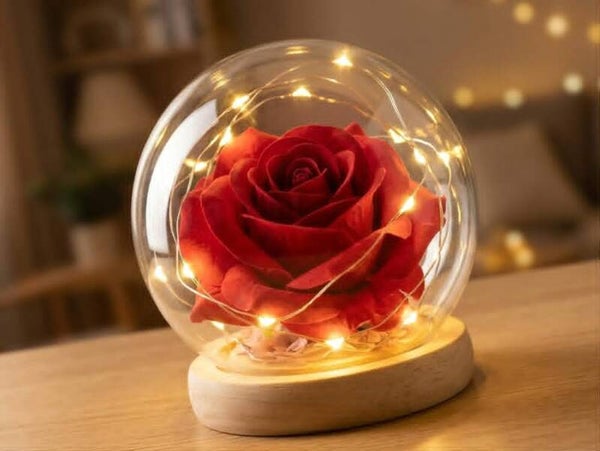 Cloche Lumineuse Féérique « Rose Artificielle » sur Socle en Bois