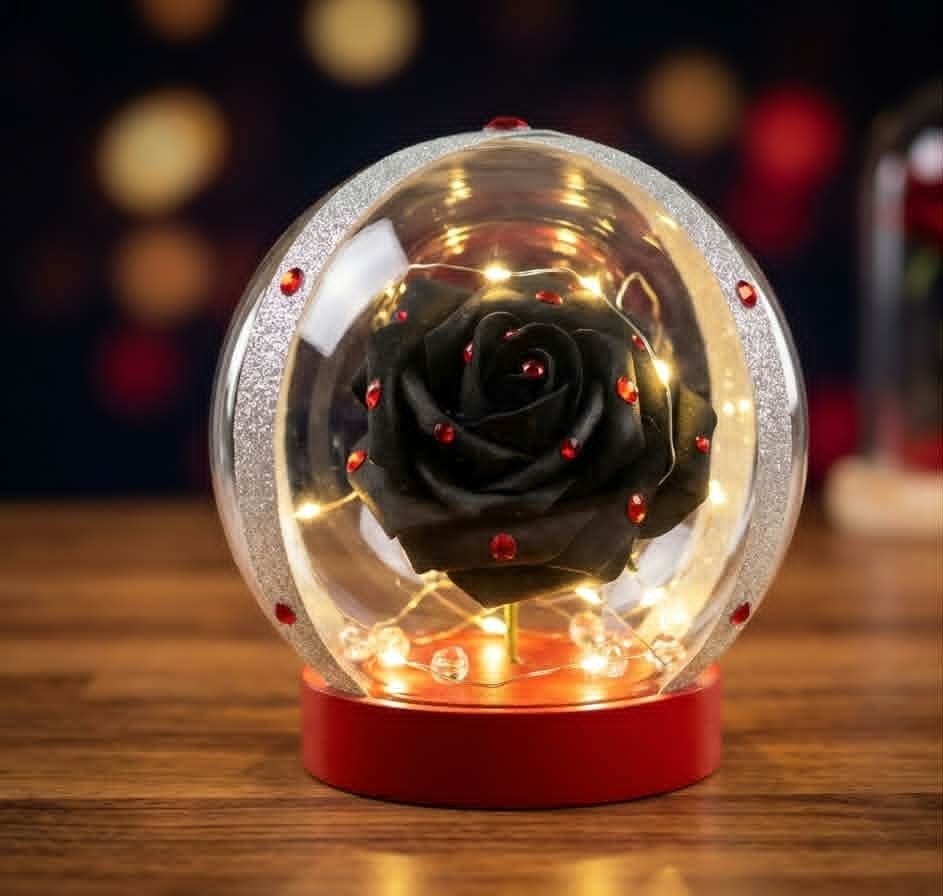 Cloche Lumineuse LED "Rose Noire & Strass Rouge" – Élégance Féérique