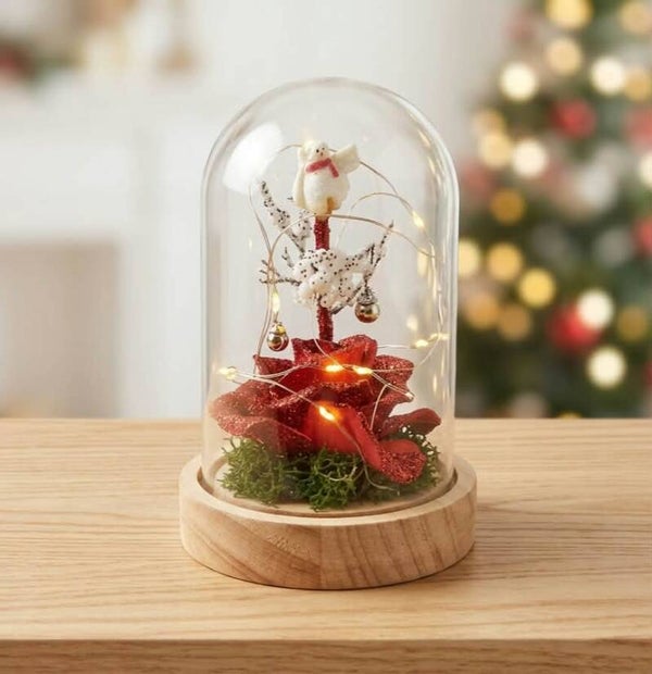 Dome Lumineux Féerique de Noël – Rose Scintillante, Petit Bonhomme de Neige & Guirlande LED