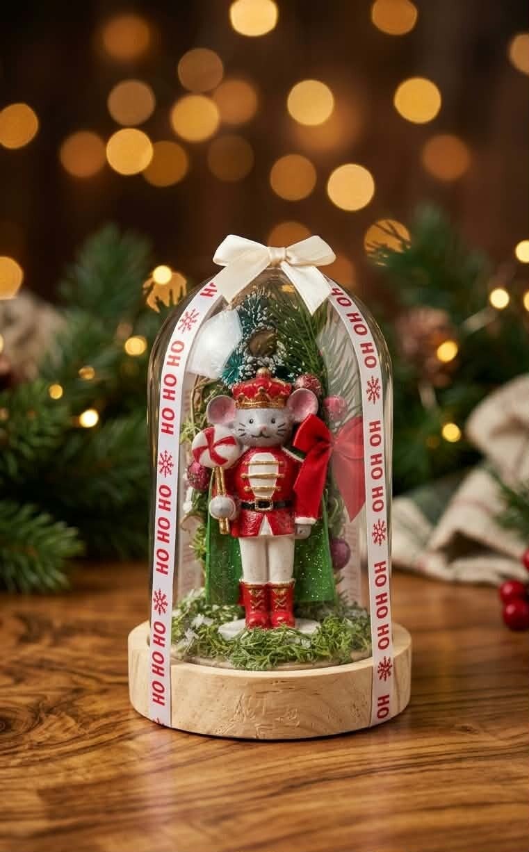 Cloche de Noël Transparente – Souris Casse-Noisette sur Socle en Bois