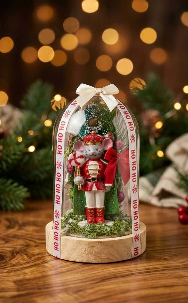 Cloche de Noël Transparente – Souris Casse-Noisette sur Socle en Bois