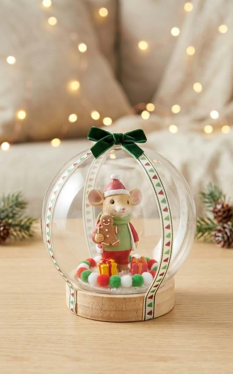 Boule de Noël Transparente – Petite Souris Festive et ses Cadeaux sur Socle en Bois