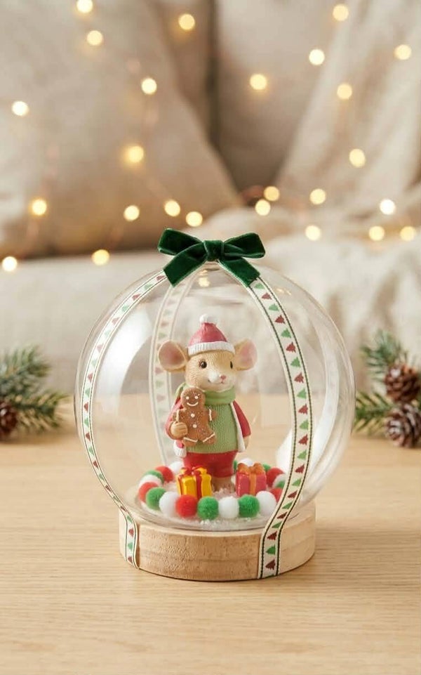 Boule de Noël Transparente – Petite Souris Festive et ses Cadeaux sur Socle en Bois