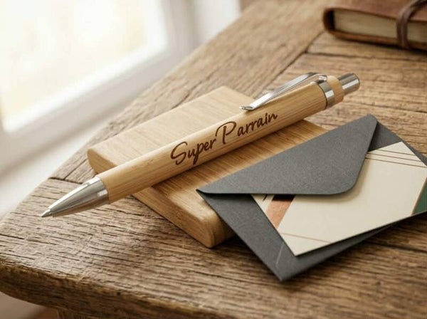 Stylo en bois de bambou gravé — « Super Parrain »