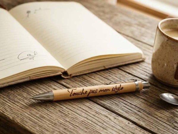 Stylo en bois de bambou gravé — « Touche pas mon stylo »