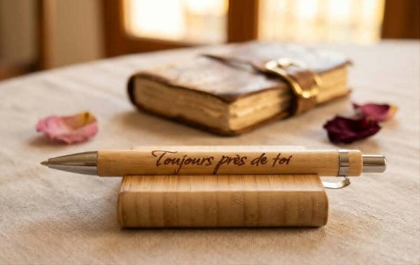 Stylo en bambou gravé – "Toujours près de toi"