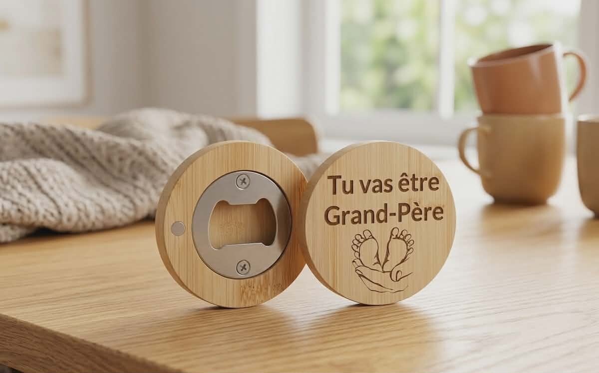 Décapsuleur Magnétique en Bambou Gravé – « Tu vas être Grand-Père »
