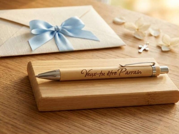 Stylo en bois de bambou gravé — « Veux-tu être Parrain »