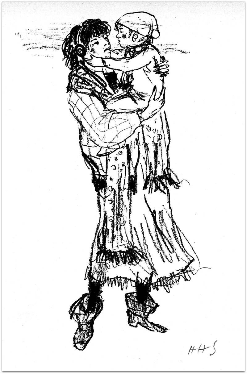 HHS unterwegs: Junge Frau mit Kopfhörern, Kippe im Mund und Kind auf dem  Arm. 