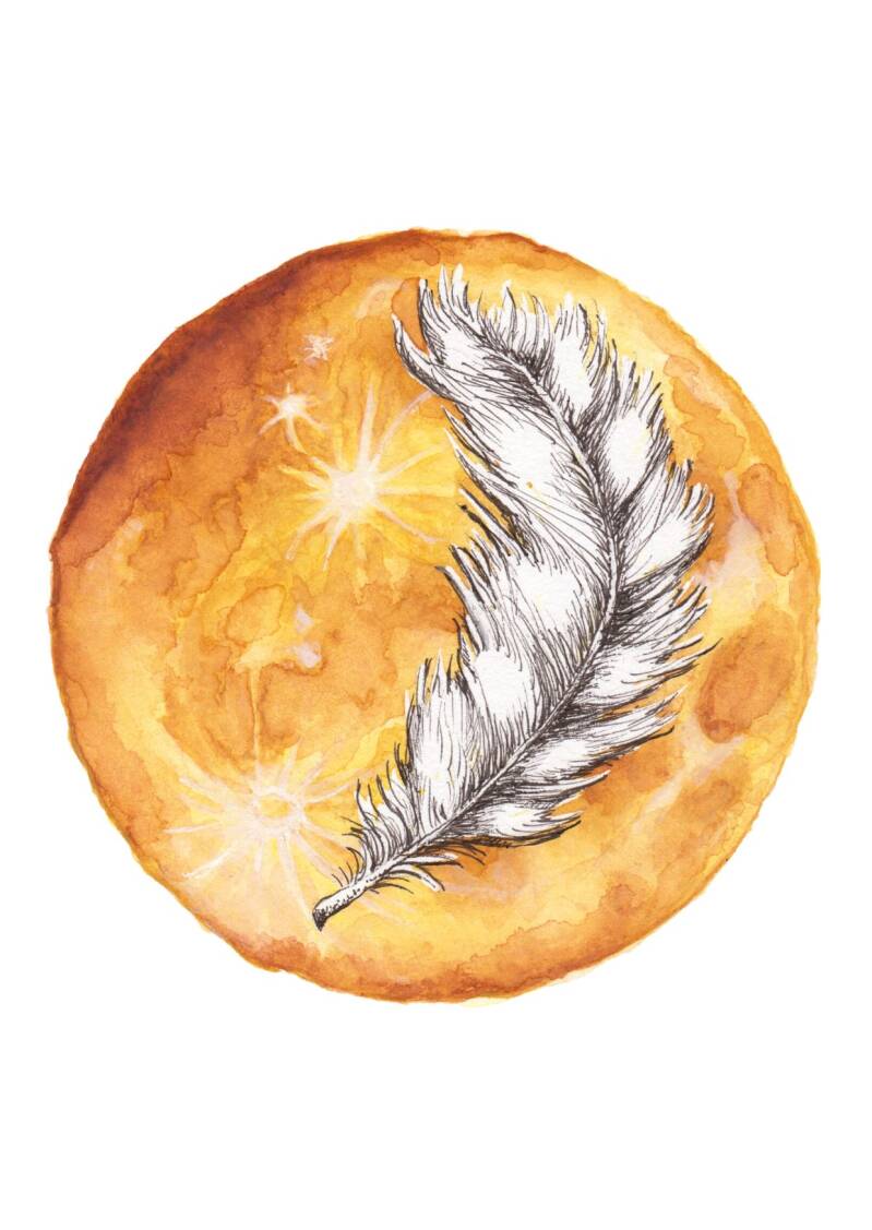 Aquarel illustratie van de maan met een veer.