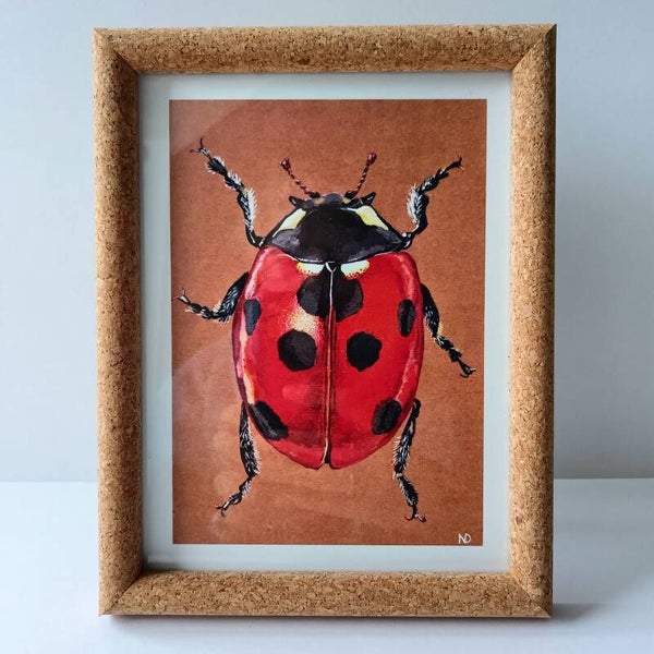 Artprint lieveheersbeestje in kurken lijst