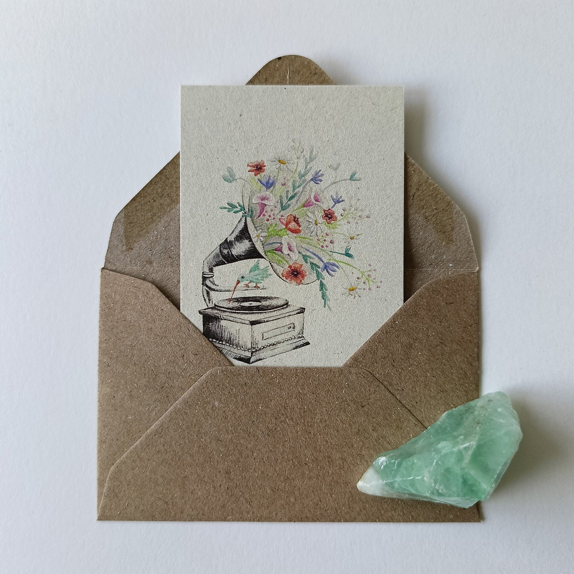 Minikaartje Grammofoon met bloemen