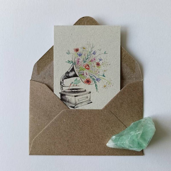 Minikaartje Grammofoon met bloemen