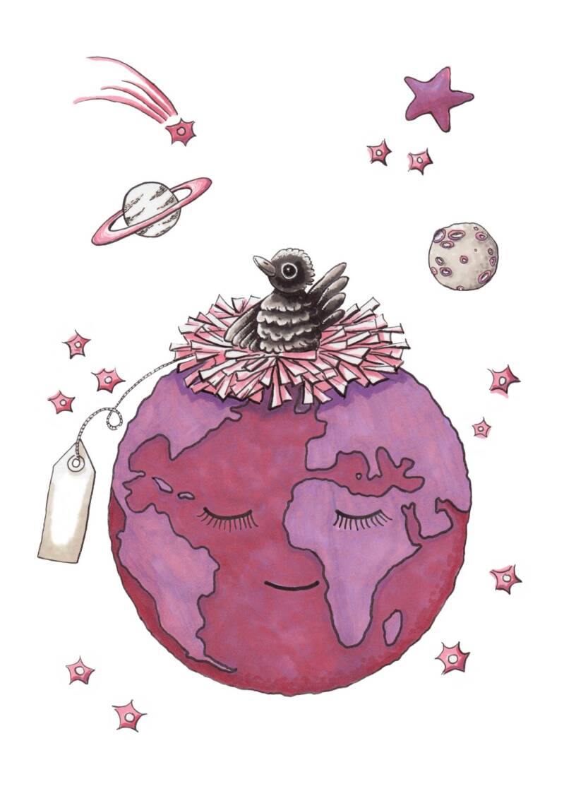 Illustratie voor geboorte of kraam met een kraaitje op de aarde en universum erachter.