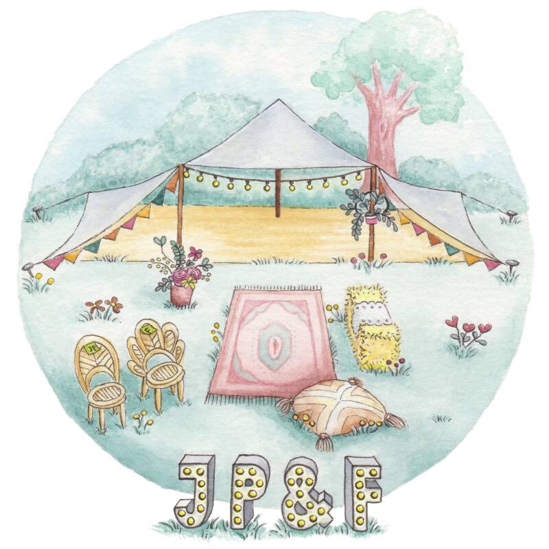 Trouwkaart van trouwtafereel met tent.