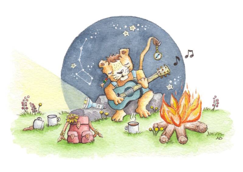 Geboortekaartje welpje met gitaar bij het kampvuur in de nacht.
