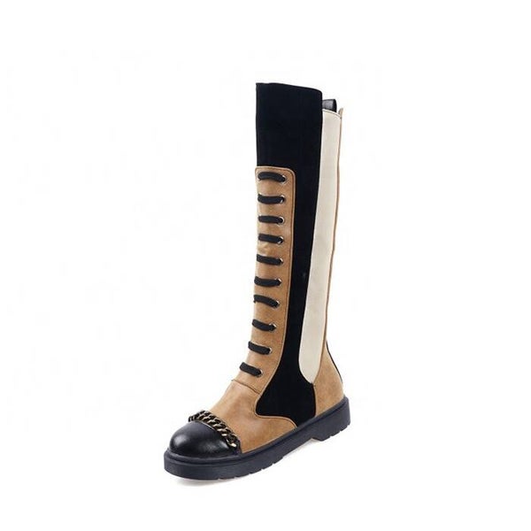 Kniehohe Schnürstiefel im Patchwork-Design mit flacher Sohle