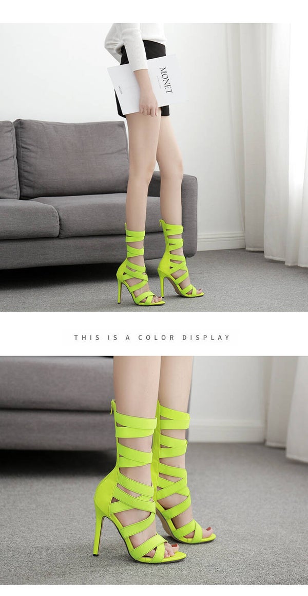 Neon-grüne High-Heel Sandalen mit elastischen Riemen & Stilettoabsatz