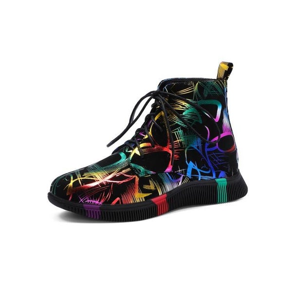 Bunte Samt-Sneaker mit Schnürung & grafischem Print