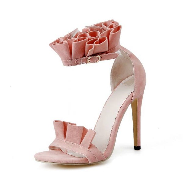 Rosa Samt-Sandaletten mit Rüschen & Stilettoabsatz