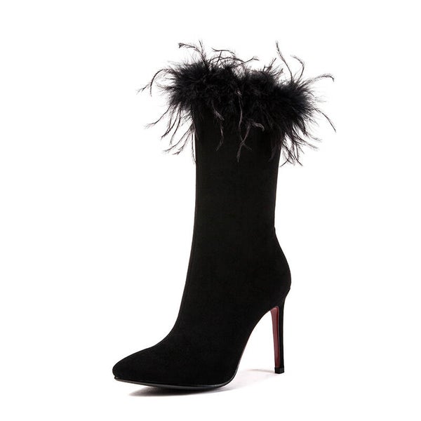 Schwarze Ankle Boots mit Stilettoabsatz & Federbesatz